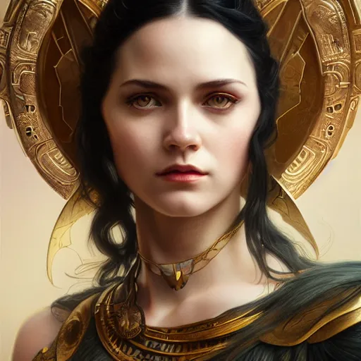 Prompt: a stunning portrait valkyrie with long black hair by artgerm, dynamic lighting, tom bagshaw, alphonse mucha, donata giancola, mary jane ansell, ankh necklace, atmosphere, realism, octane render, dof, hyperdetailed, 8 k