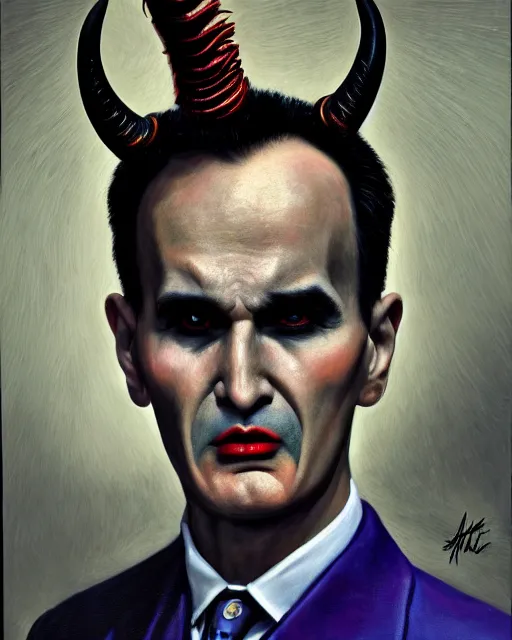 Image similar to photorealist portrait painting of demonic aloysius stepinac with demonic eyes and horns, gothic, horror, cool colors, high production value, intricate details, high resolution, hyperrealistic, hdr, high definition, masterpiece, ultra realistic, highly detailed, hd, sharp focus, non blurry, sharp, smooth