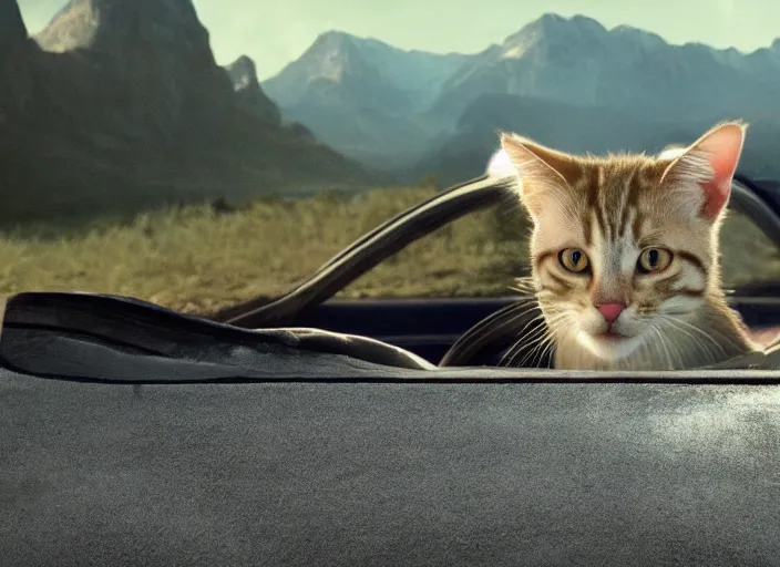 Image similar to A very high resolution image from a new movie, a cat driging around, inside of a car , mountains, Polaroid, directed by wes anderson