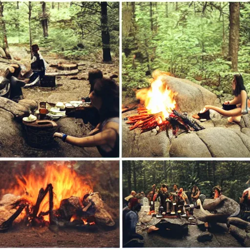 Prompt: kodak 2 0 mm, photo, neanderthal people eating sushi, surrounded by dinosaurs!, gigantic forest trees, sitting on rocks, bonfire, close up camera on bonfire level