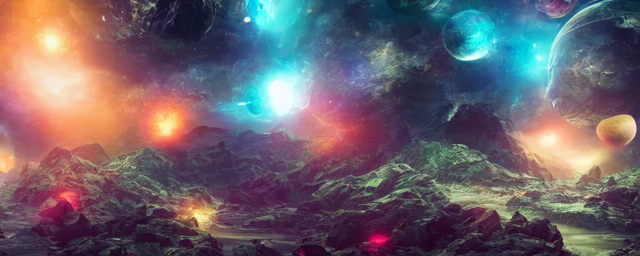 Prompt: dramatic epic stunning beautiful and insanely detailed matte painting of a hexagon universe with hexagon shaped planets, hexagon lens flares, hexagonal stones, atmospheric composition, colorful digital art, masterpiece, fantastic, octane render, 8K HD Resolution, High quality image