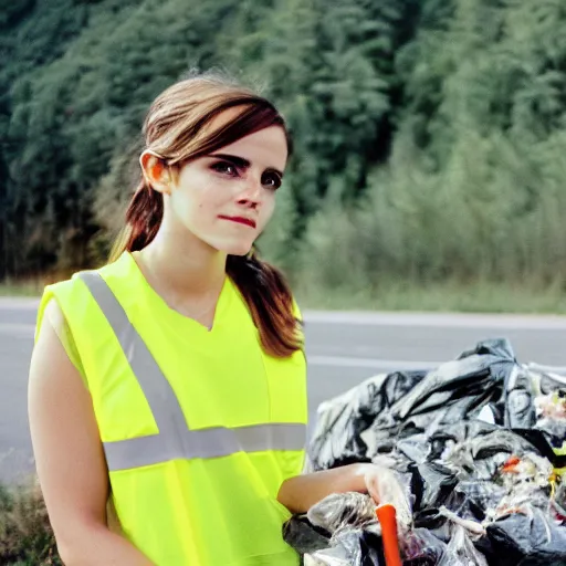 Image similar to photo, close up, emma watson in a hi vis vest picking up trash on the side of the interstate, portrait, kodak gold 2 0 0,