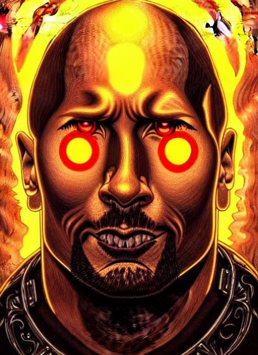 Image similar to portrait of dwayne johnson glowing eyes, volumetric lights, feast, music notes, art nouveau botanicals, gothic, intricate, highly detailed, digital painting, artstation, concept art, smooth, sharp focus, symmetric face, illustration, steampunk, art by artgerm and greg rutkowski and alphonse mucha