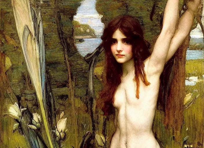 Prompt: a masterpiece painting of a beautiful, lean faerie queen by john william waterhouse, symmetrical, muted colors