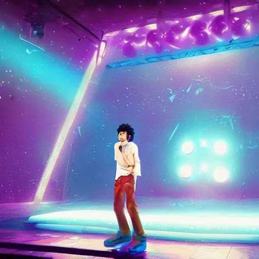 Prompt: a male singer on a stage with curly brown hair and blue eyes, a hologram concert by yasutomo oka and krenz cushart, featured on pixiv, holography, seapunk, anime, glowing lights. vocaloid. hyper realistic. photograph.