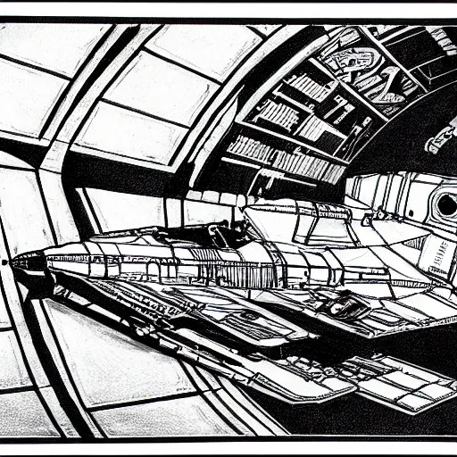 Image similar to black and white drawing of a landed spaceship with greebles, star wars, Nostromo, galactica