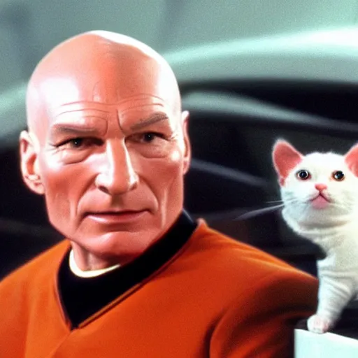 Prompt: Captain Picard sitting on the bridge of the Enterprise with a white and orange cat in his lap. Vintage film, realistic.