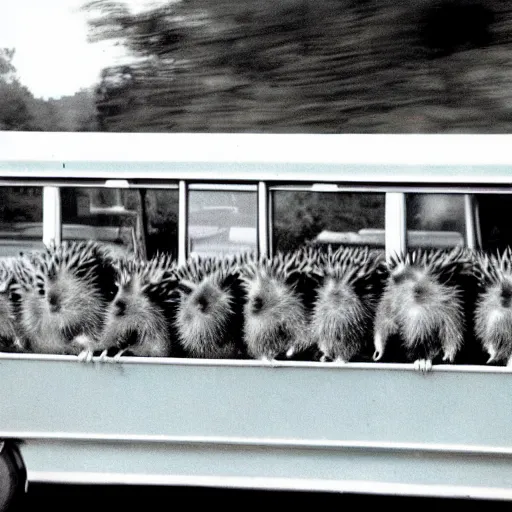 Image similar to hedgehogs on a schoolbus, photo, 1 9 6 0 s psychedelic