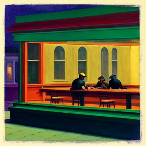 Image similar to “ nighthawks by edward hopper, but with dogs in the cafe.