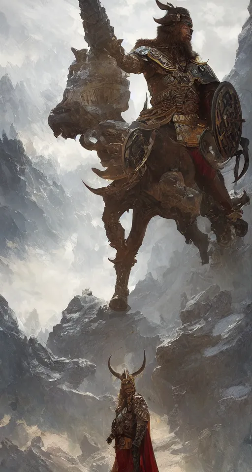 Image similar to the tall hero viking stands triumphantly as he enters the majestic gates of valhalla, highly detailed, digital painting, artstation, smooth, sharp focus, bright, masterpiece, stunning concept art by ruan jia and jakub rebelka and greg rutkowski and alphonse mucha