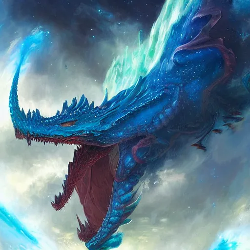 Prompt: prompt crystalline blue dragon in space, devouring a planet, planets, sun system, nebula, oil painting, by Fernanda Suarez and and Edgar Maxence and greg rutkowski