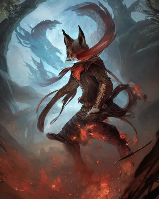 Image similar to Kitsune Fox Sorcerer, magic the gathering artwork, D&D, fantasy, cinematic lighting, centered, symmetrical, highly detailed, digital painting, artstation, concept art, smooth, sharp focus, illustration, volumetric lighting, epic Composition, 8k, art by Akihiko Yoshida and Greg Rutkowski and Craig Mullins, heroic pose, oil painting, cgsociety, Tree Woodland atmosphere