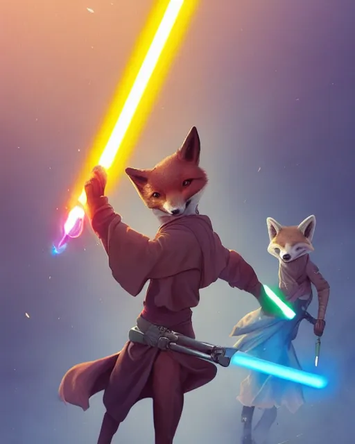 Prompt: an anthropomorphic fox jedi holding two lightsabers. digital illustration, very vibrant colors, soft lighting, adventurous, atmospheric lighting, 8K, octane render. By Makoto Shinkai, Stanley Artgerm Lau, WLOP, Rossdraws, James Jean, Andrei Riabovitchev, Marc Simonetti, krenz cushart, Sakimichan, D&D trending on ArtStation, digital art.