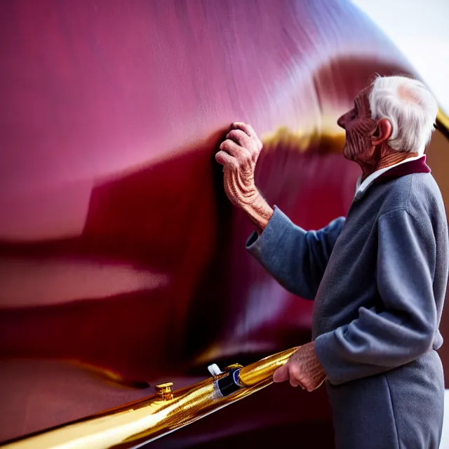 Image similar to wrinkled hunchbacked old man in musty burgundy suit, polishing painting the side of a huge gold plated mega yacht with a cloth, maintenance photo