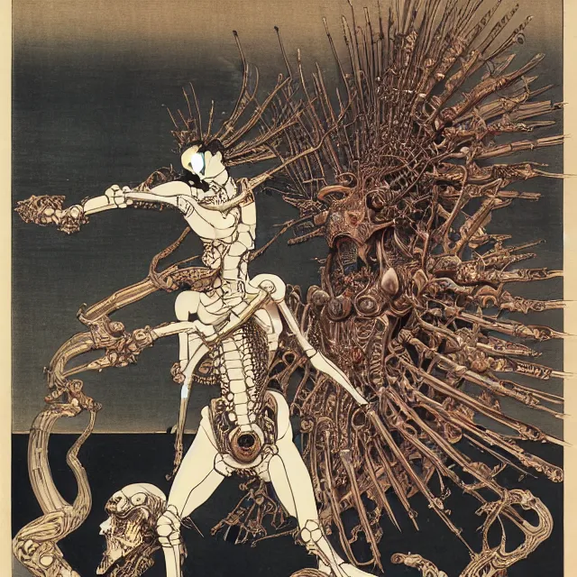 Prompt: still frame from Prometheus by Utagawa Kuniyoshi, Ossiarch Bonereaper ornate bone cyborg god emanating death and power by Wayne Barlowe by peter Mohrbacher by Giger, dressed by Alexander McQueen and by Neri Oxman, metal couture hate couture editorial