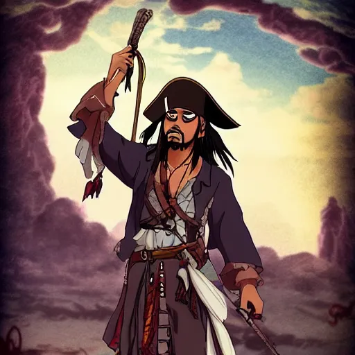 Image similar to Jack Sparrow as an anime character from Studio Ghibli. Beautiful. 4K.