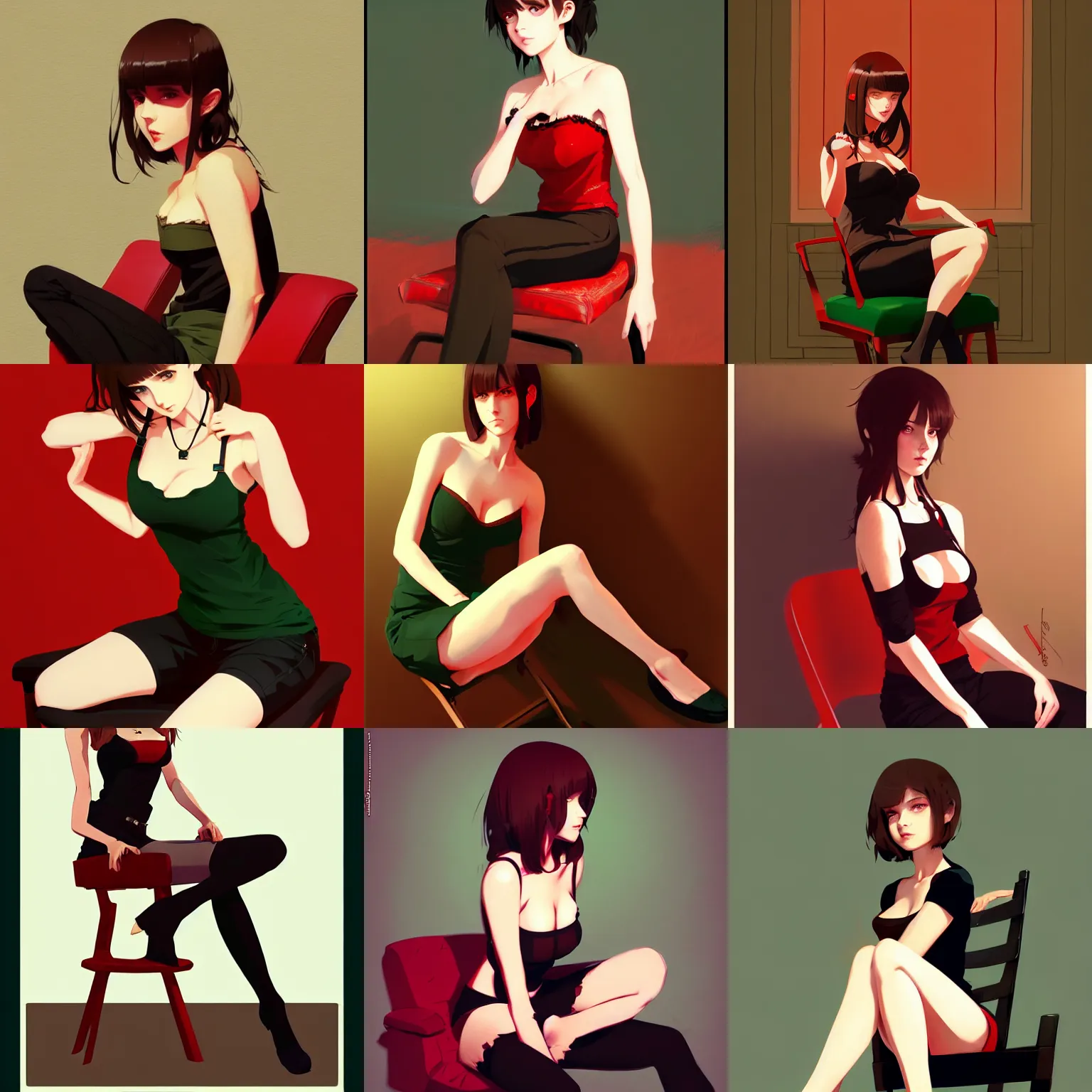 Prompt: gorgeous woman with brown hair and green eyes, wearing a camisole, sitting on a chair, red and black color palette, in the style of and ilya kuvshinov and greg rutkowski, high quality anime artstyle, intricate