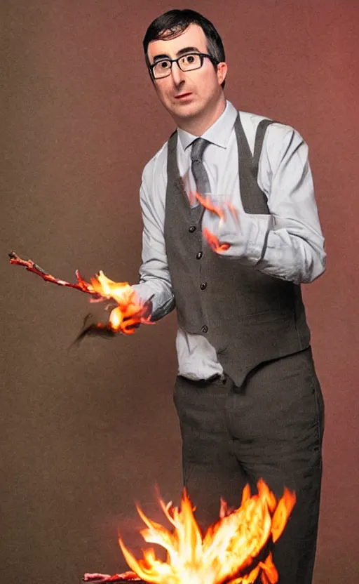 Prompt: john oliver setting fire to cabbage, photo