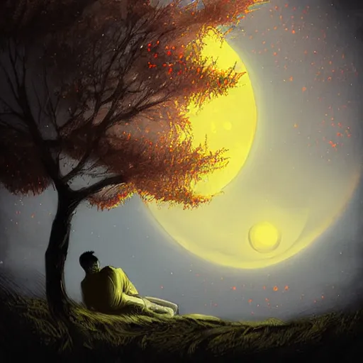 Image similar to Man sleeping under a sakura tree during a full moon by Anato Finnstark, digital art