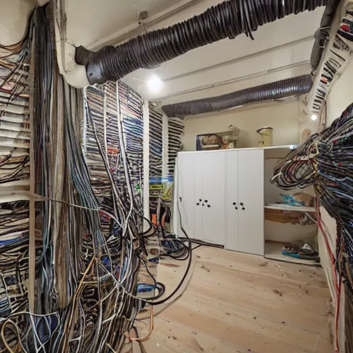 Prompt: a 2 5 0 0 square foot floor - space decorated with ominous wiring.