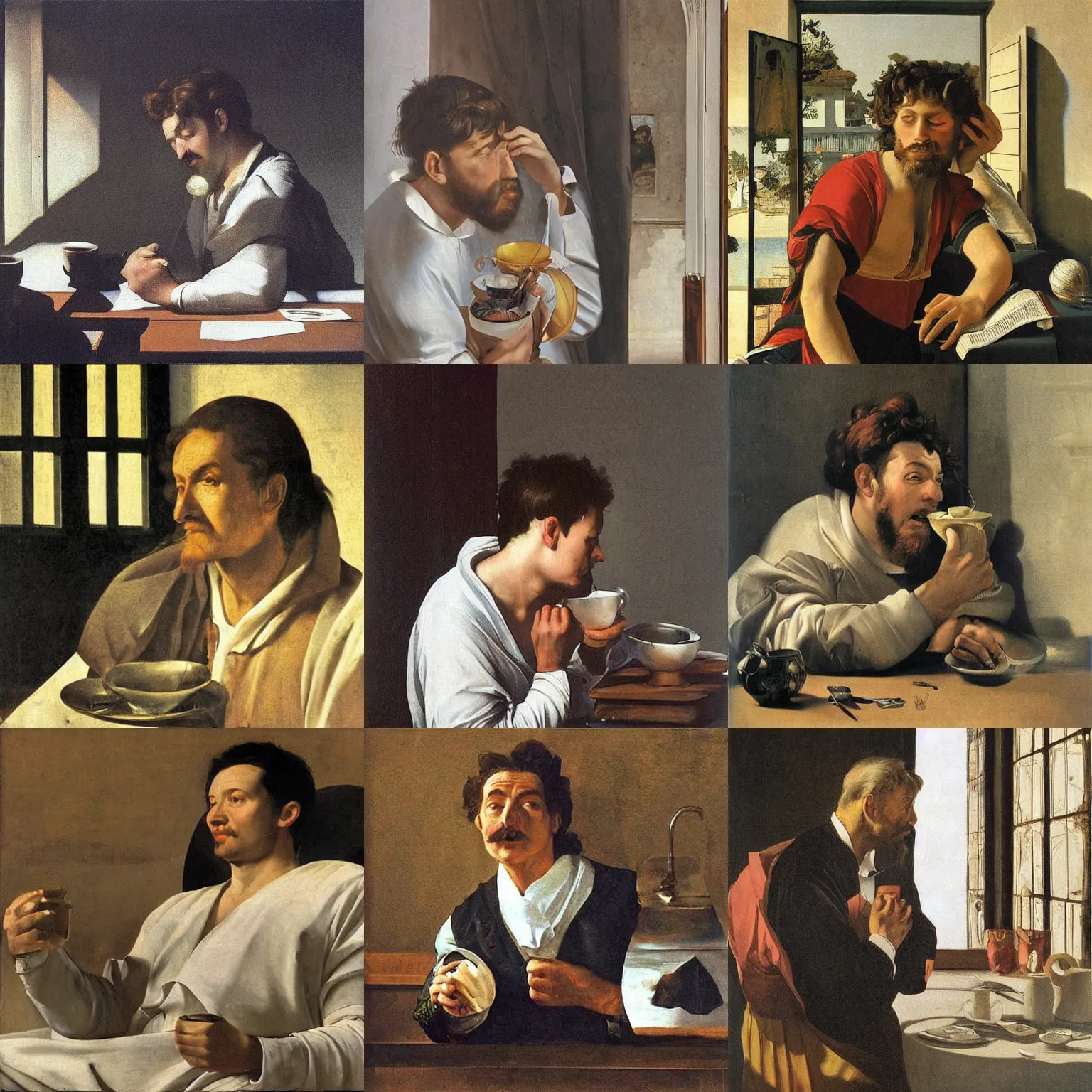 Prompt: It's morning. Sunlight is pouring through the window bathing the face of a man enjoying a hot cup of coffee. A new day has dawned bringing with it new hopes and aspirations. Painting by Caravaggio, 1604