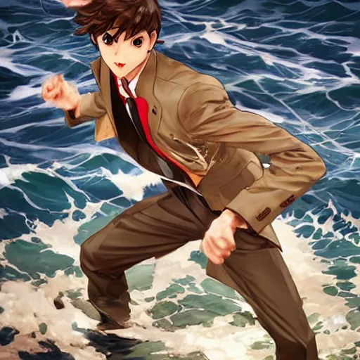 Image similar to epic battle brown haired boy summons a huge wave of water. jc leyendecker. repin. shigenori soejima.