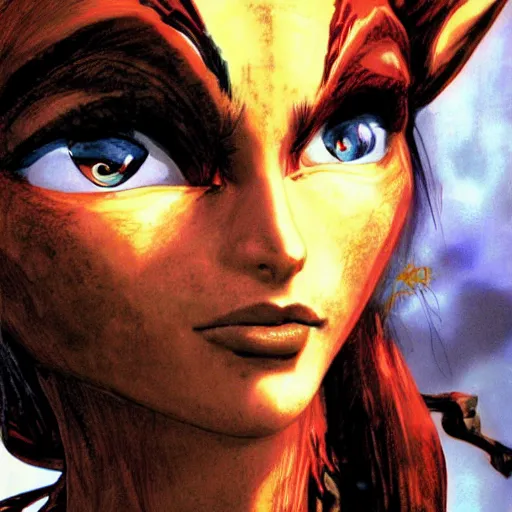 Image similar to a close-up portrait of Keira from Jak and Daxter, art by Yoji Shinkawa