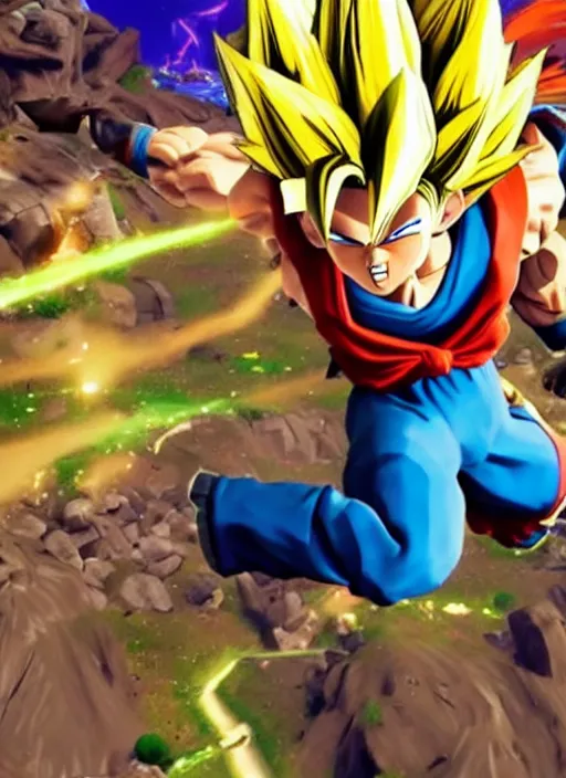 Image similar to game still of a sayan goku as a fortnite skin in fortnite by fortnite, pose.