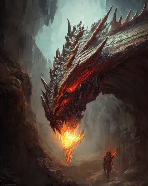 Image similar to Beautiful 28mm macro headshot of a A giant dragon in the middle of a dungeon, fantasy art, in the style of greg rutkowski, illustration, epic, fantasy, intricate, hyper detailed, artstation, concept art, rim lighting, elder scrolls, unreal, smooth, sharp focus, ray tracing