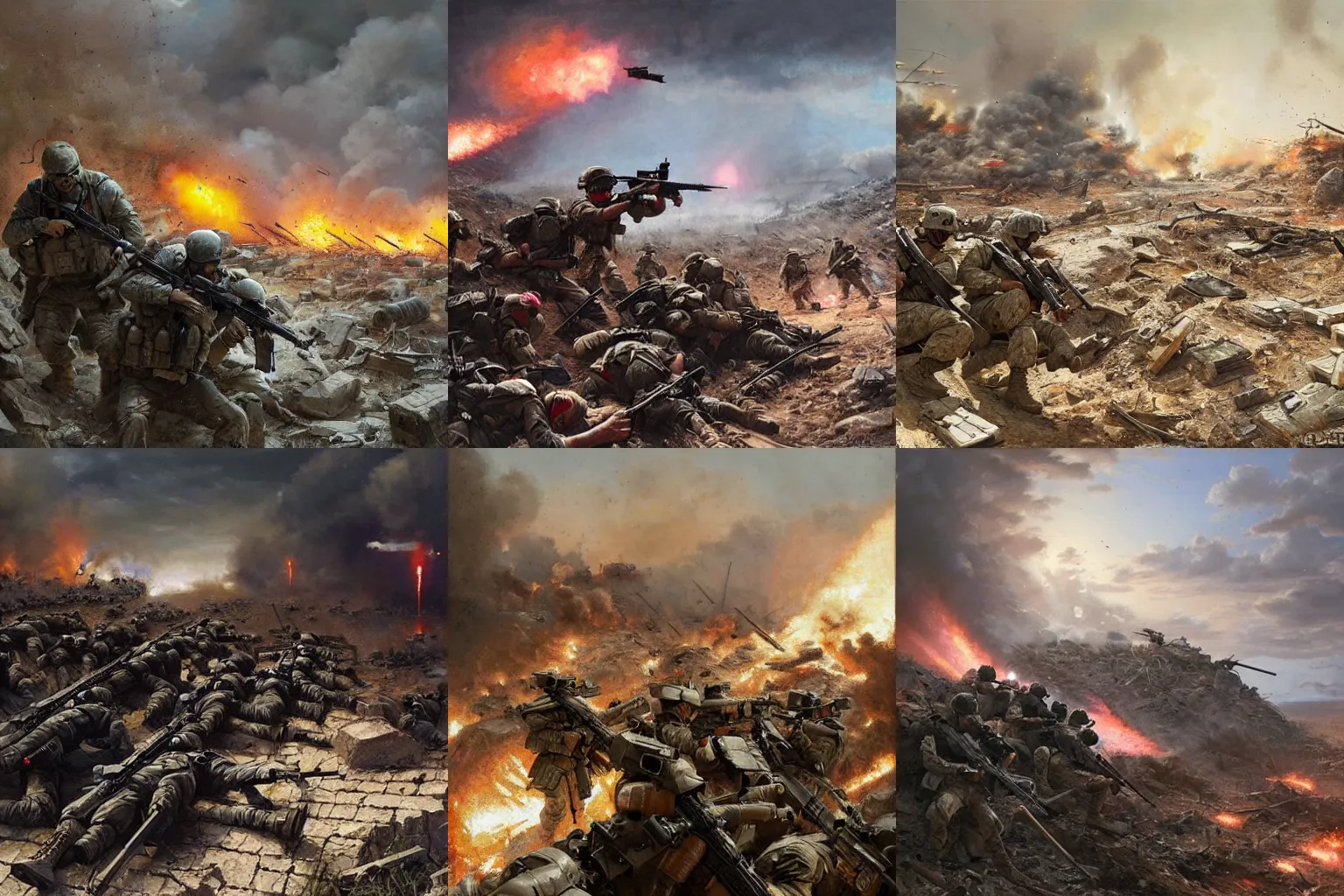 Prompt: masterpiece Squad of American soldiers in full gear taking cover behind rubble and firing their weapons desperately at an enemy during a very intense battle, intense, 8k, cinematic, warfare, insane, art by Greg Rutkowski