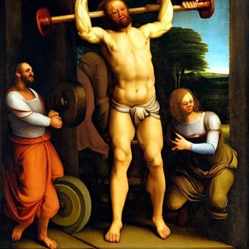 Image similar to renaissance painting of spongebob lifting weights