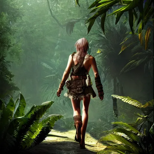 Prompt: realistic final fantasy character walking through a jungle, atmosperic, dramatic lighting, trending on artstation, ark survival evolved