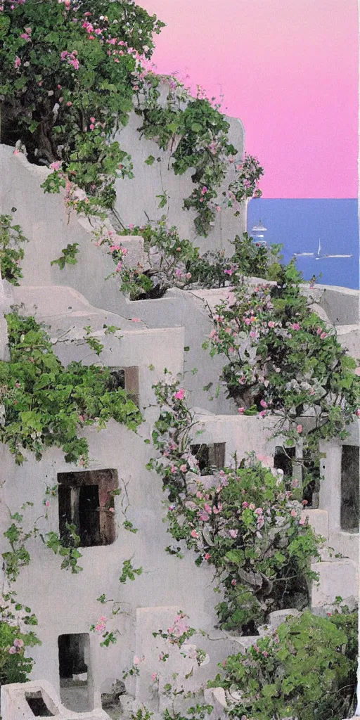 Prompt: overgrown ruins of santorini with pink sky, painting by ashley wood