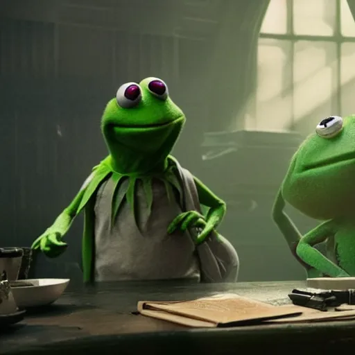 Image similar to a still of kermit the frog in avengers movie, cory loftis, fenghua zhong, ryohei hase, ismail inceoglu and ruan jia. volumetric light, detailed, octane render