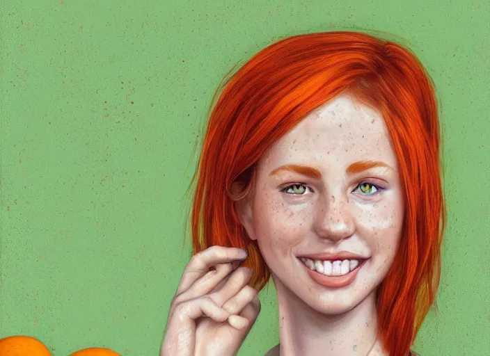 Image similar to portrait of a beautiful smiling girl with orange hair and freckles, green eyes, highly detailed, digital painting, concept art, smooth, sharp, focus, background is purple, trending on deviantart, by Jacqueline E