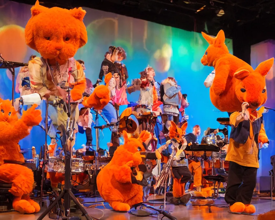 Image similar to an animatronic band composed of an orange rabbit, a red cat, and a blue sheep. the band is performing on stage at a family entertainment center. the center is brightly lit and there are families watching and enjoying the show.