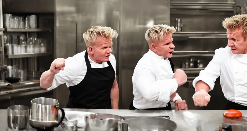 Image similar to photo of angry furious Gordon Ramsay punching Gordon Ramsay at the kitchen