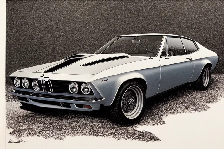 Prompt: intricate, 3 d, 1 9 6 7 bmw m 1 chevelle, style by caspar david friedrich and wayne barlowe and ted nasmith.