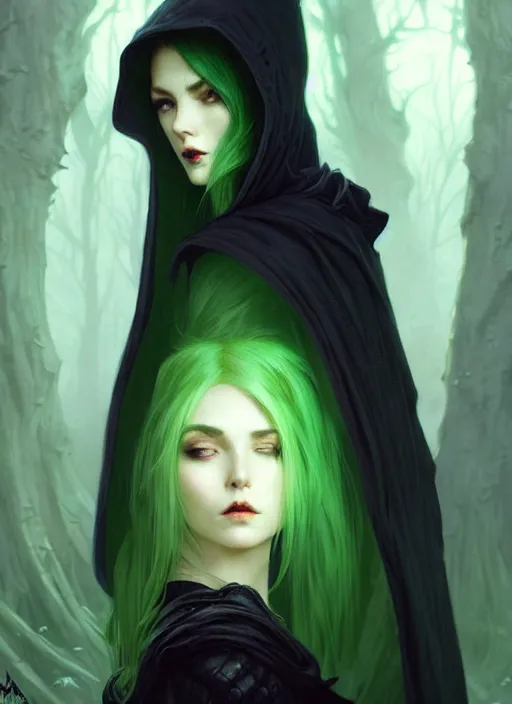 Image similar to side portrait dark witch with hood, adventurer outfit large cloak, fantasy forest landscape, moonshine, fantasy magic, undercut hairstyle, short green black fade hair, dark light night, intricate, elegant, sharp focus, illustration, highly detailed, digital painting, concept art, matte, art by WLOP and Artgerm and Greg Rutkowski and Alphonse Mucha, masterpiece