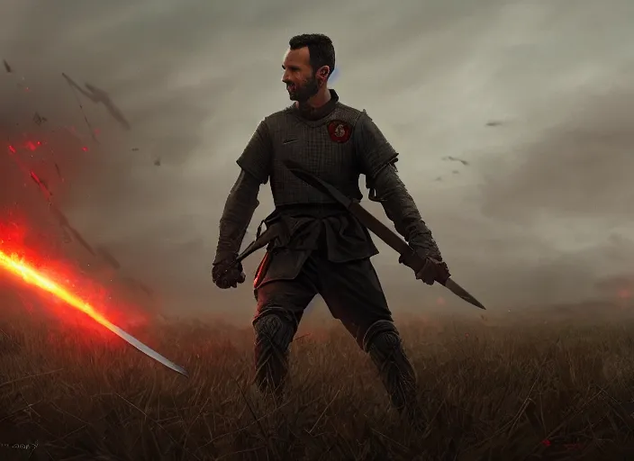 Prompt: close up cinematic artwork of Ryan Giggs staring down the enemy on the battlefield, sword raised in the air by Greg Rutkowski, 4k, masterpiece