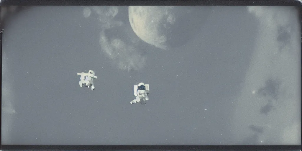 Image similar to polaroid photo of spacemen landing on a blue moon, slight color bleed, grain