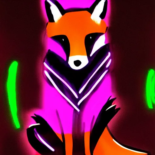 Image similar to a fox wearing a black hoodie with glowing neon stripes, in the style of anime