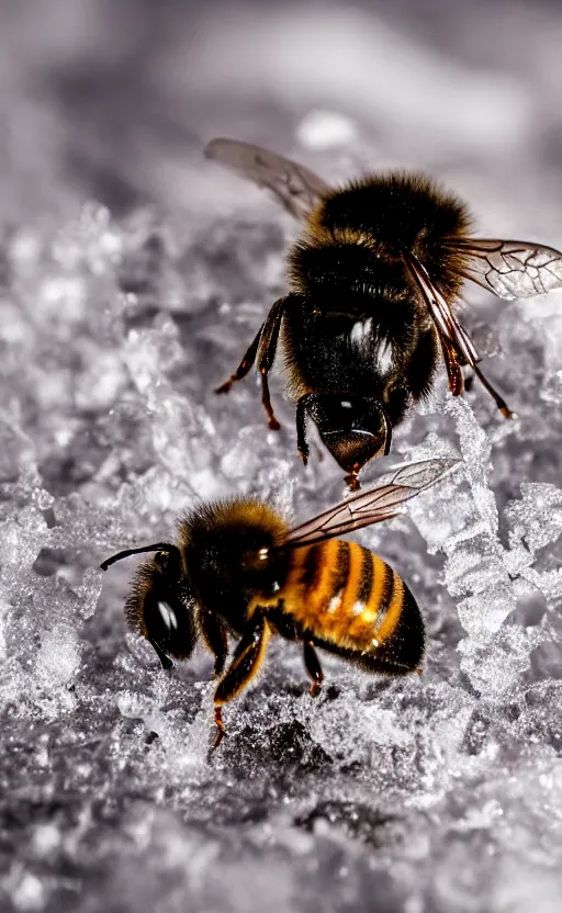 Image similar to a bee finding a beautiful flower, both entrapped in ice, only snow in the background, beautiful macro photography, ambient light