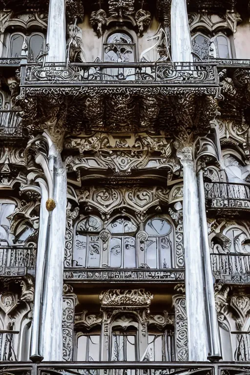 Image similar to silver tower of the moon, fairytale illustration, elaborate carved wood balconies, gilded wood, tall windows, formal gardens, dramatic cinematic lighting, beautiful moths, soft colors