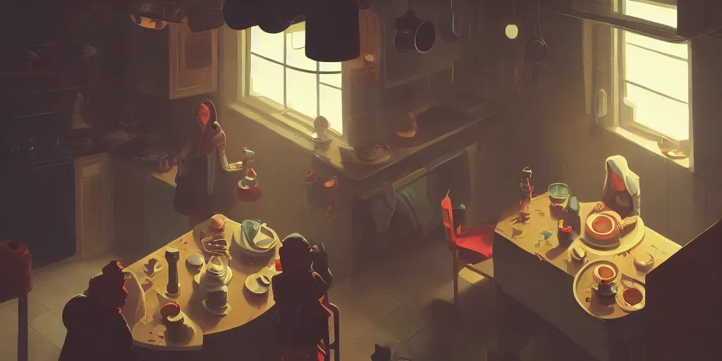 Image similar to cute solitary kitchen dim lit by a candle ripped physique simon stalenhag gerald brom bastien grivet by greg rutkowski, game background, fisheye lens, high angle view, curved lines