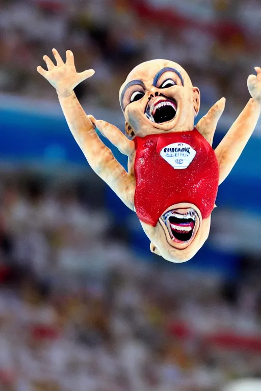 Prompt: screaming chucky doll performing a perfect 1 0 dive at olympics