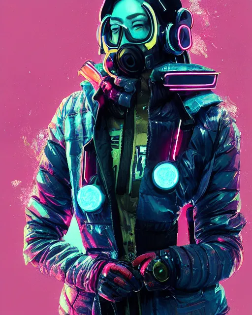 Prompt: neon operator margot robbie, cyberpunk futuristic neon, respirator, reflective puffy coat, decorated with traditional japanese ornaments by ismail inceoglu dragan bibin hans thoma greg rutkowski alexandros pyromallis nekro rene maritte illustrated, perfect face, fine details, realistic shaded, fine - face, pretty face