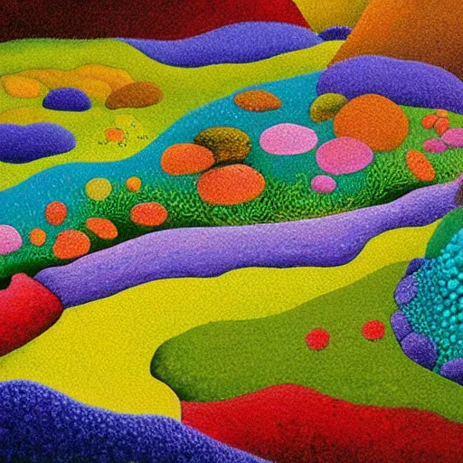 Image similar to painting of a colorful fungus garden in a cave, top-down view, Hiroo Isono