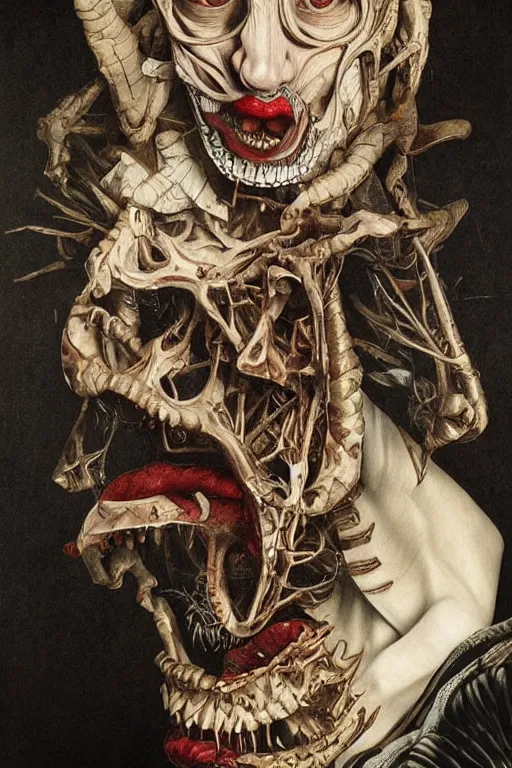 Image similar to Detailed maximalist portrait with large lips and with large white eyes, angry, exasperated expression, skeletal, HD mixed media, 3D collage, highly detailed and intricate, surreal illustration in the style of Caravaggio, dark art, baroque