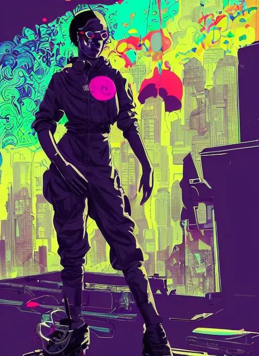 Image similar to maria igwe. cyberpunk hacker in tactical jumpsuit. portrait illustration, pop art, splash painting, art by geof darrow, ashley wood, alphonse mucha, makoto shinkai